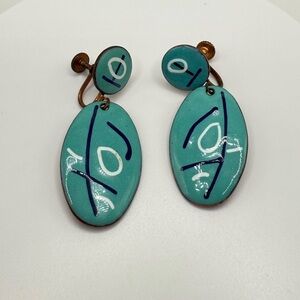 Vintage Mid Century Turquoise Abstract Oval Dangle Earrings Copper Back